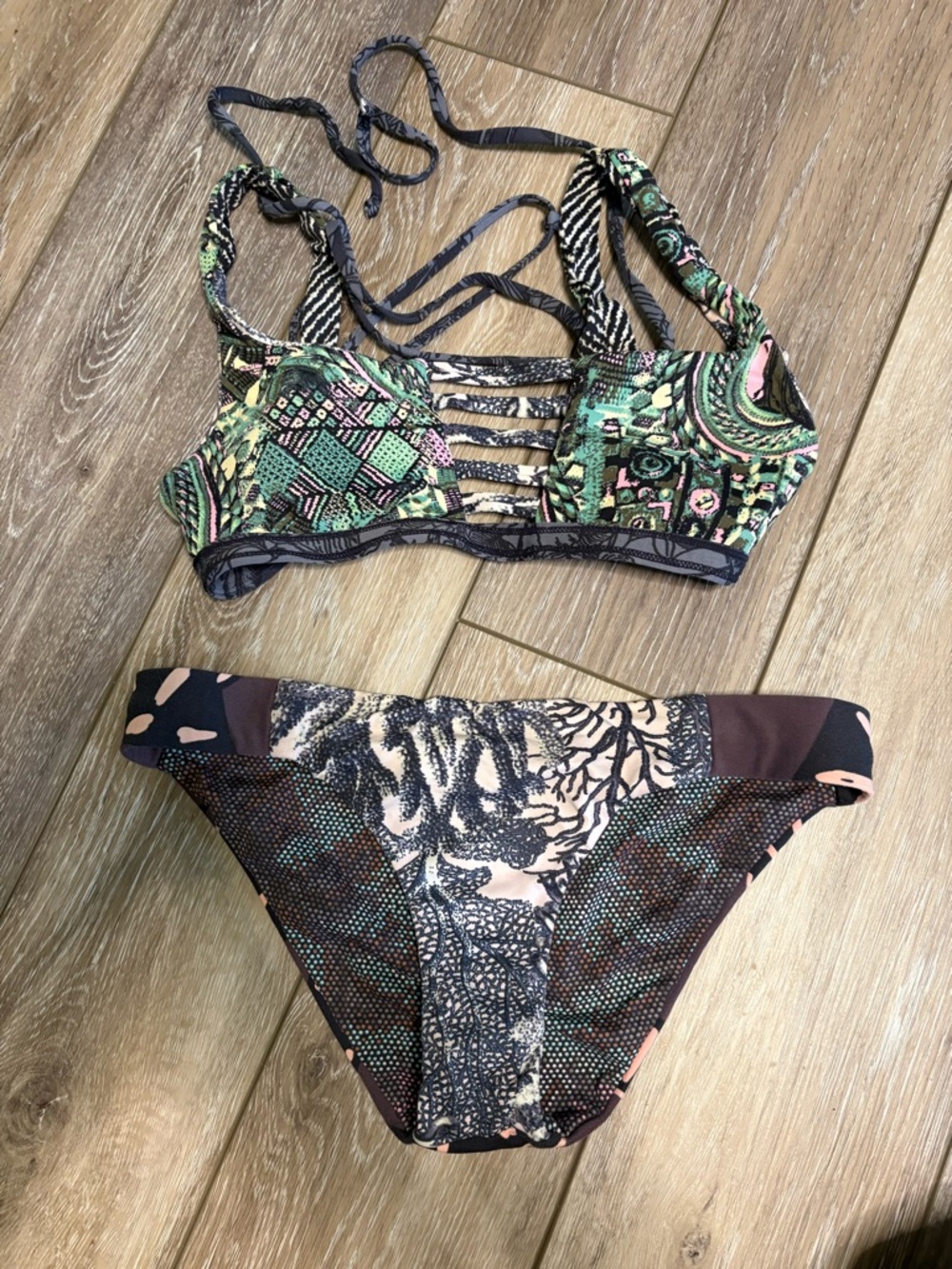 Maaji Green Black Pink Mixed-Print Strappy Bikini Set